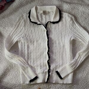 LOFT Scalloped Pointelle Collared Cardigan White with Black Trim Sz S Office